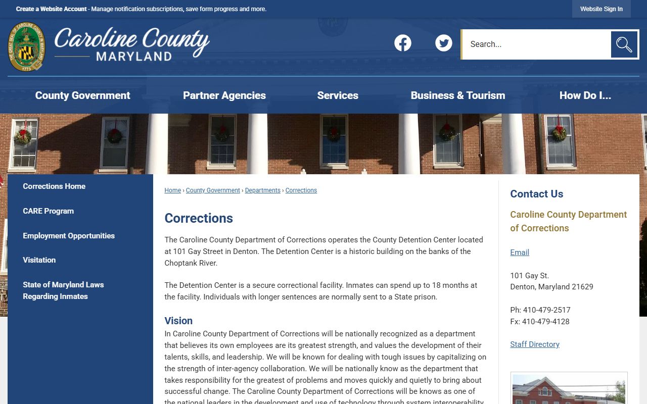Caroline County inmate records Corrections page
