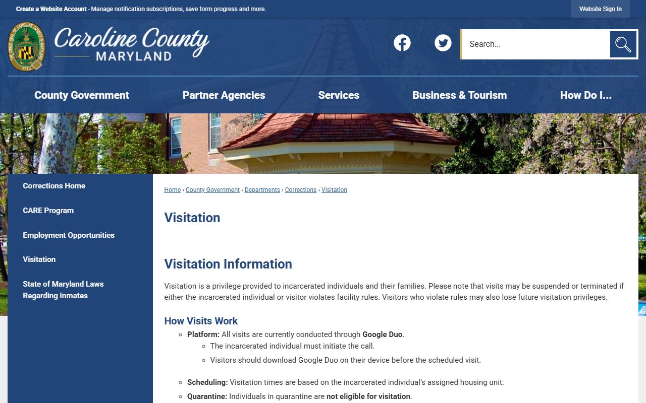 Caroline County inmate records detention center visitation
