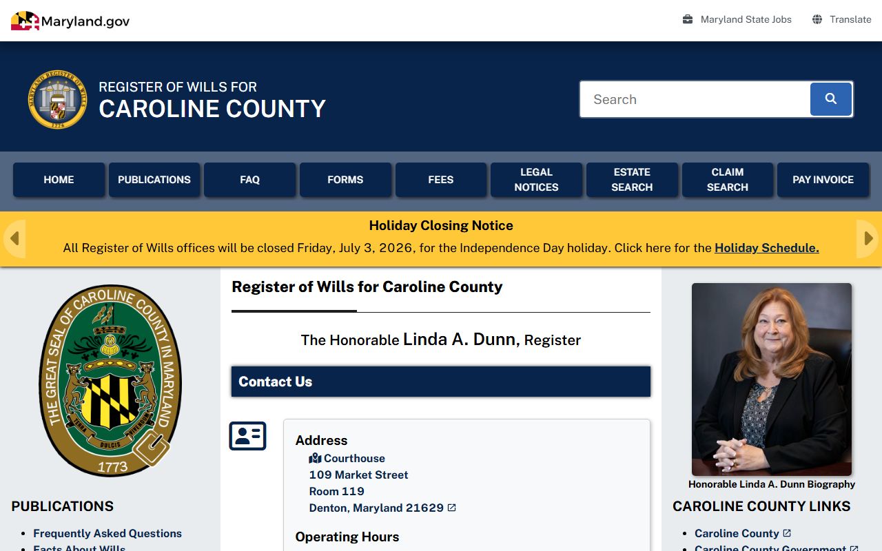 Caroline County Orphans' Court Register of Wills records page