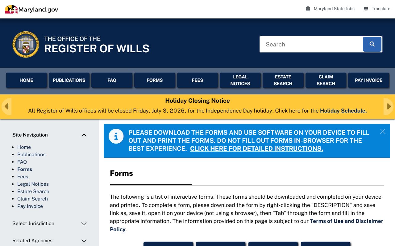 Caroline County probate records Register of Wills forms